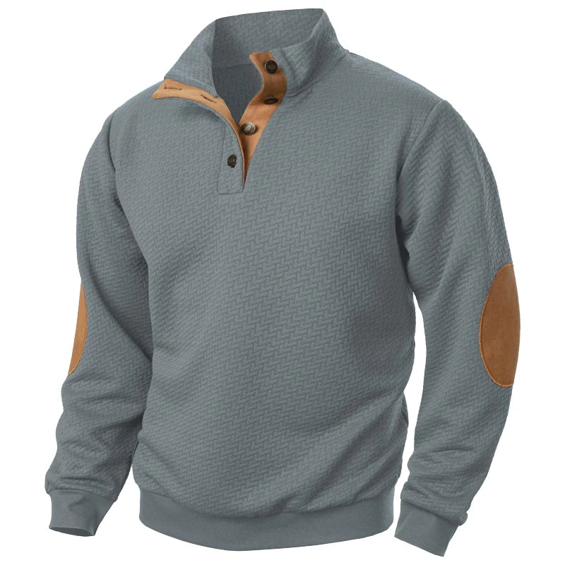 Gray sweater with brown elbow patches on a white background