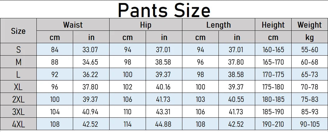 Pants size chart with measurements in centimeters and inches