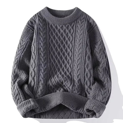 Gray cable knit sweater on a white background