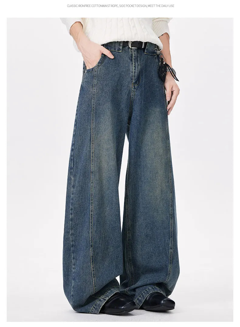 Wide-leg jeans worn by a person on a white background
