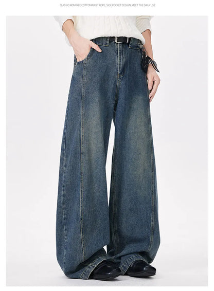 Wide-leg jeans worn by a person on a white background