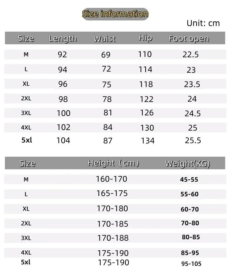 Size chart with measurements for clothing and height/weight for a person